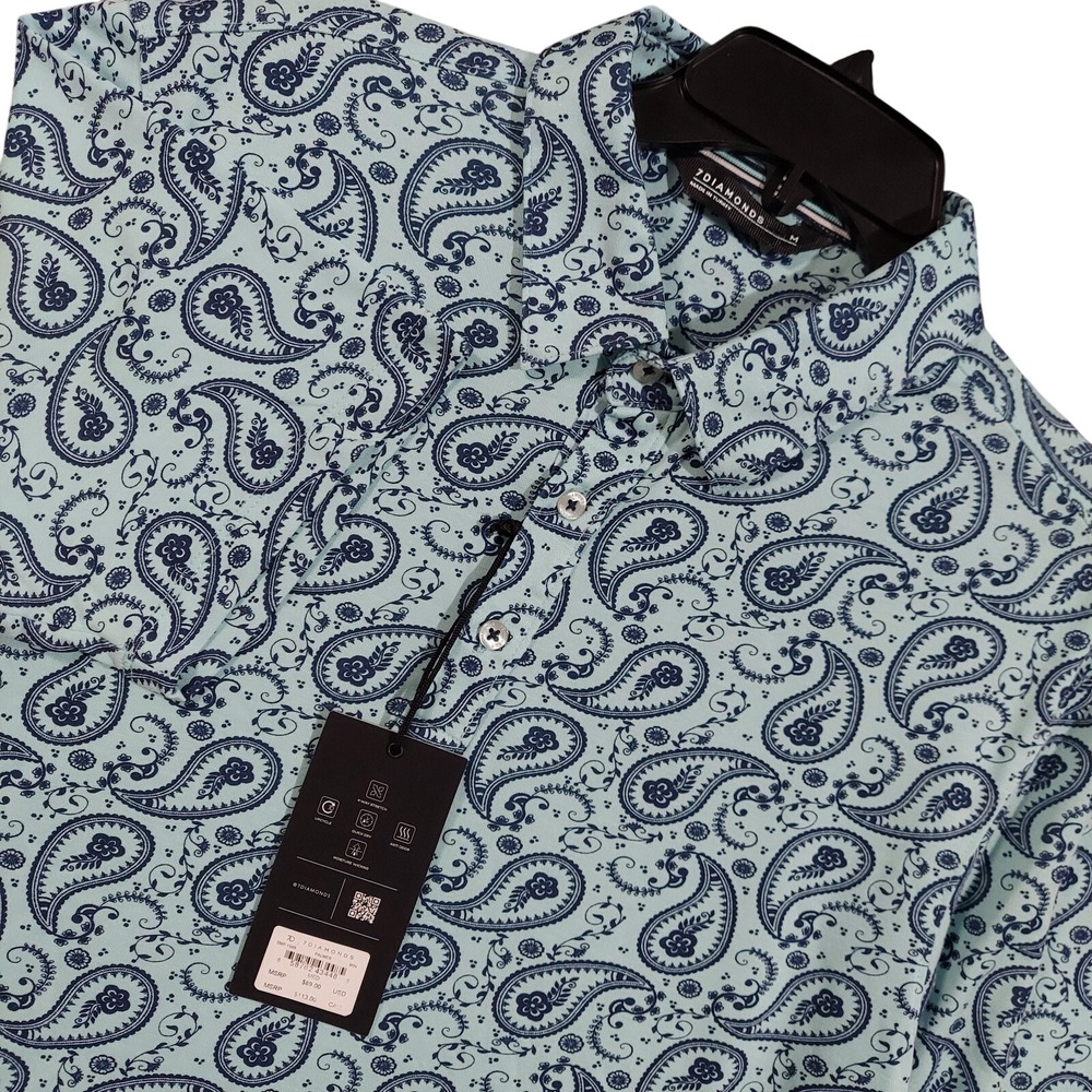 7‎ Diamonds Polo Shirt Mens Medium Blue Paisley Palmer Moisture Wicking Stretch